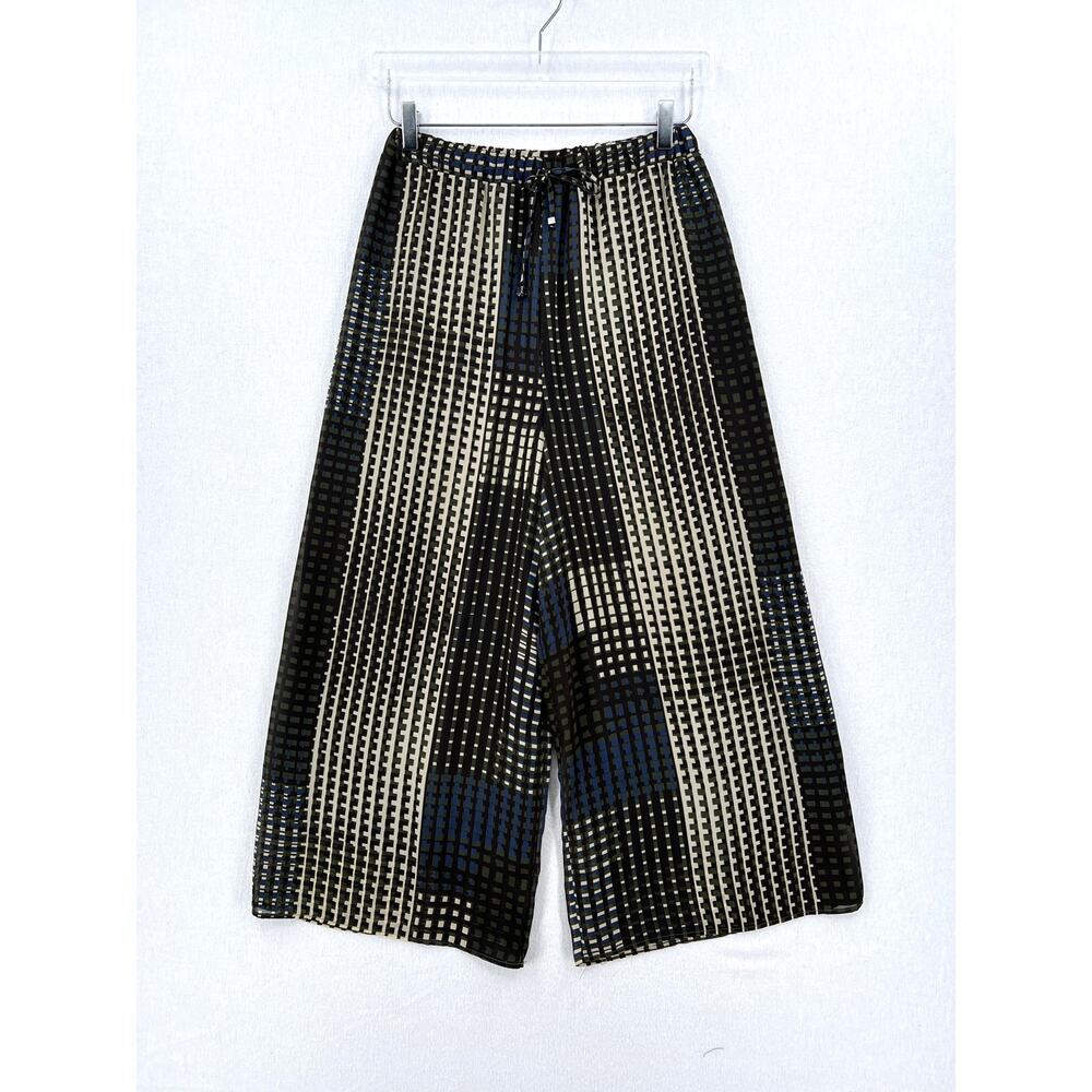 COSETTE Printed Wideleg Pants Womens Small Cream Brown Blue Geometric Chiffon